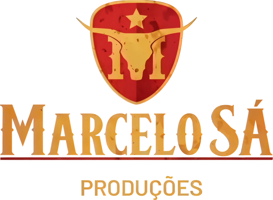 Logo da Marcelo Sá Produções: escudo vermelho em forma de palheta com crânio de longhorn dourado